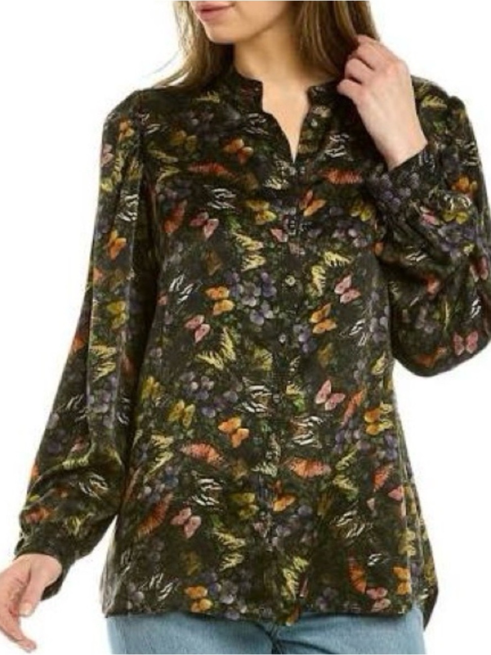 Johnny Was Midnight Mariposa 100% Silk Butterfly Button Front Blouse Size S